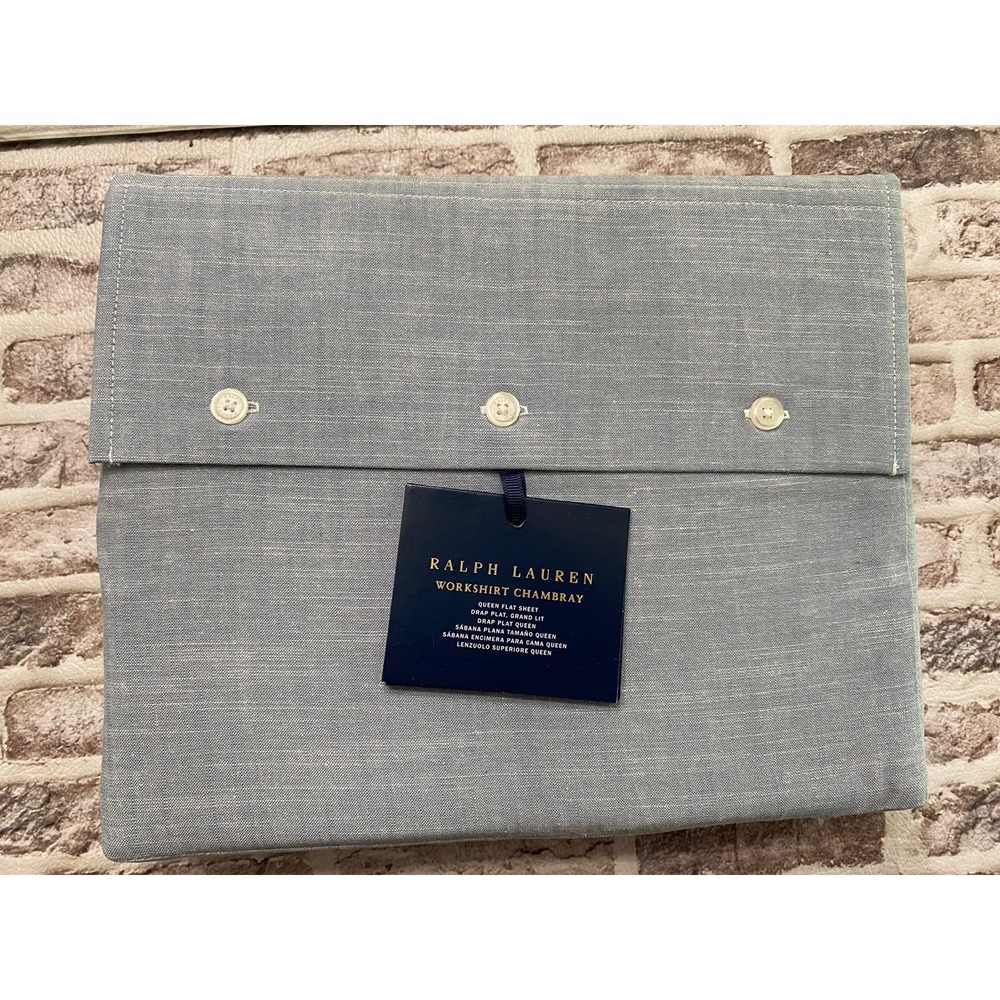 Ralph Lauren Bedding Blue Workshirt Chambray Queen Flat Sheet New In Package